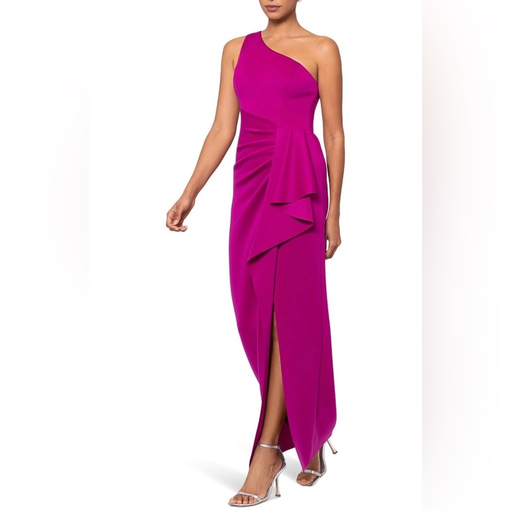 Xscape Fuchsia High-Low Ruffle Evening Gown - Picture 3 of 8